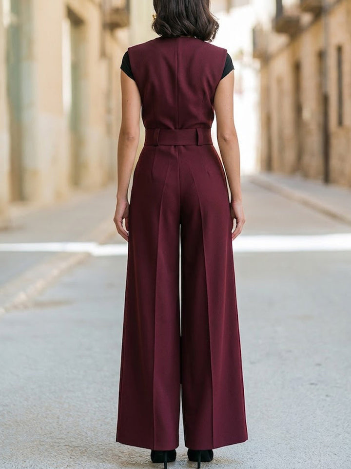 Elegant Black Short-Sleeve Top And Burgundy Suspender Wide-Leg Pants Set