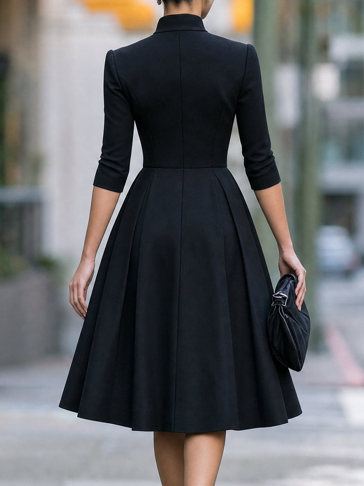 Stand-Collar Fit-and-Flare Midi Dress