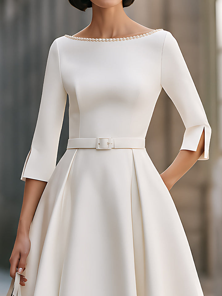 Pearl-Embellished Bateau-Neck Belted Midi Dress