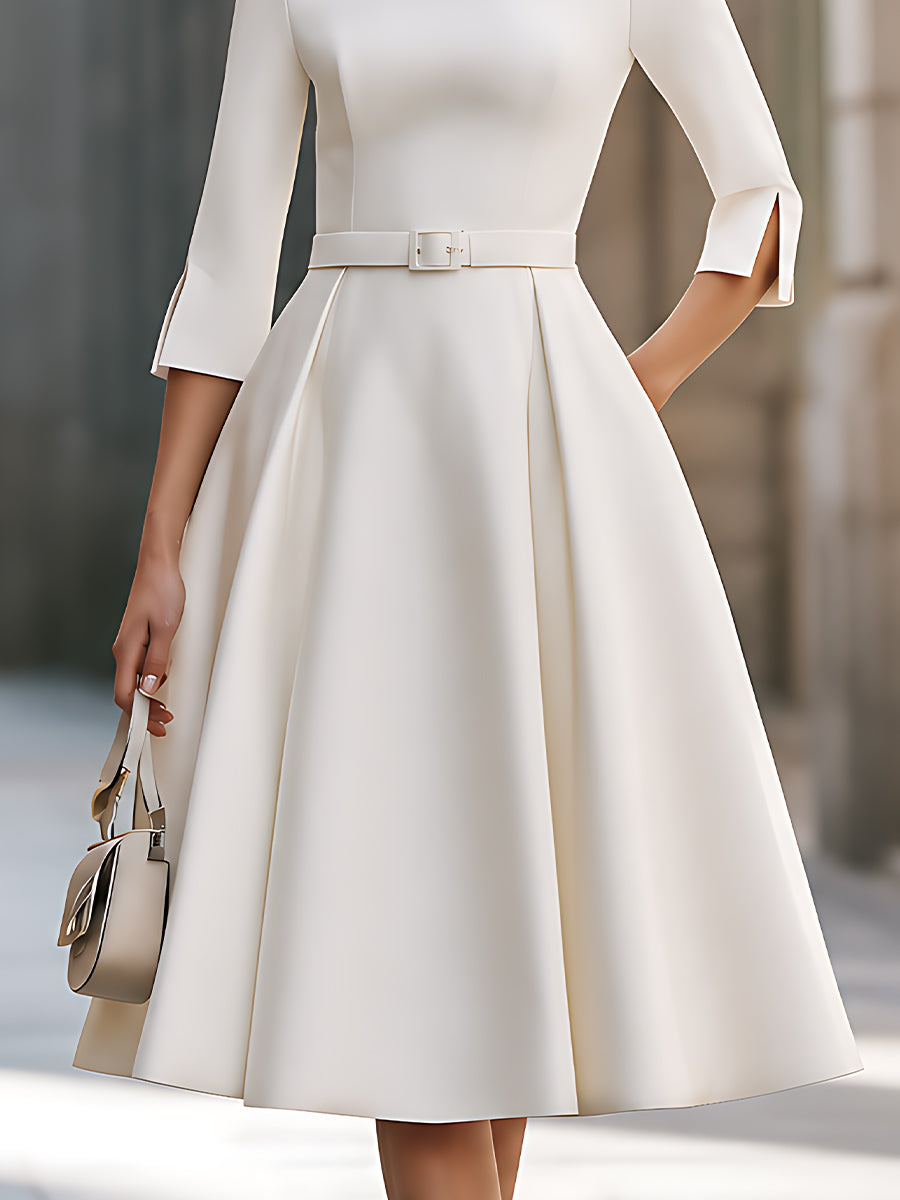 Pearl-Embellished Bateau-Neck Belted Midi Dress