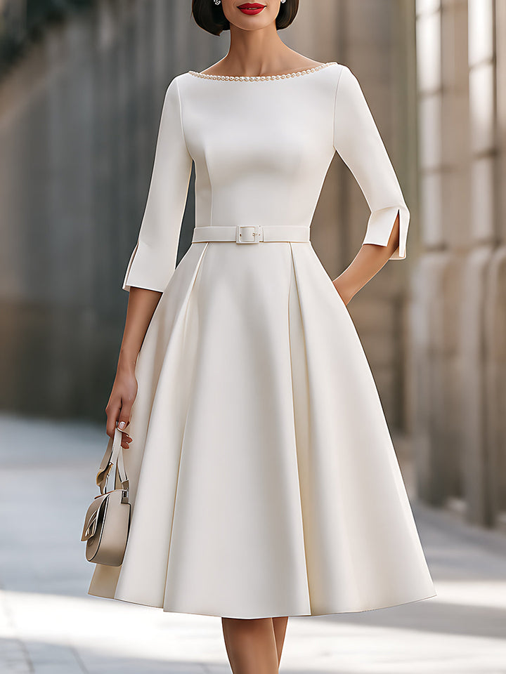 Pearl-Embellished Bateau-Neck Belted Midi Dress