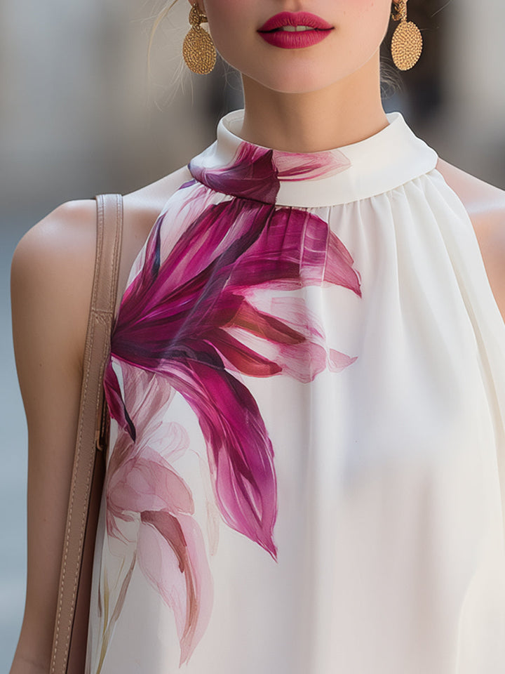 Floral Print High-Neck Halter Sleeveless Top