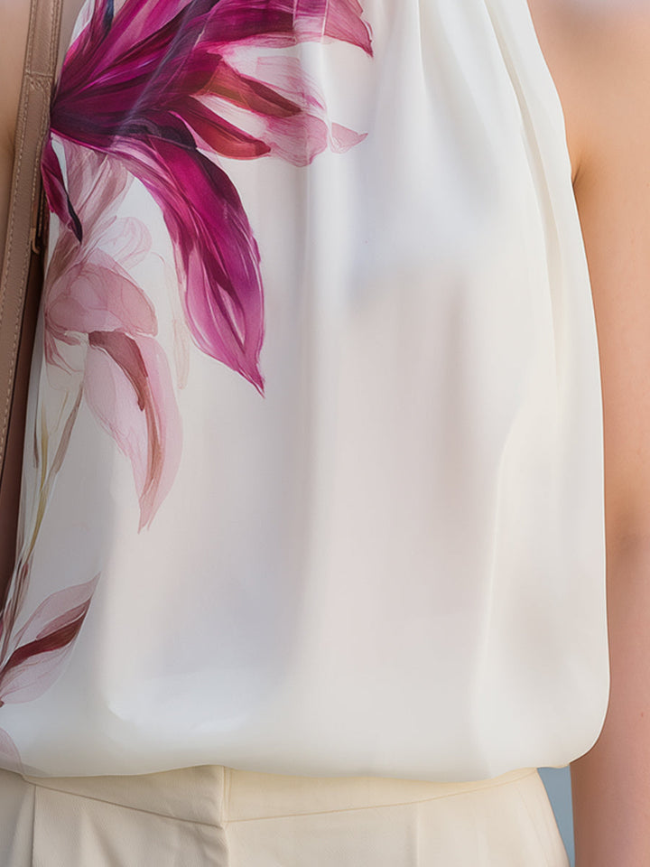 Floral Print High-Neck Halter Sleeveless Top