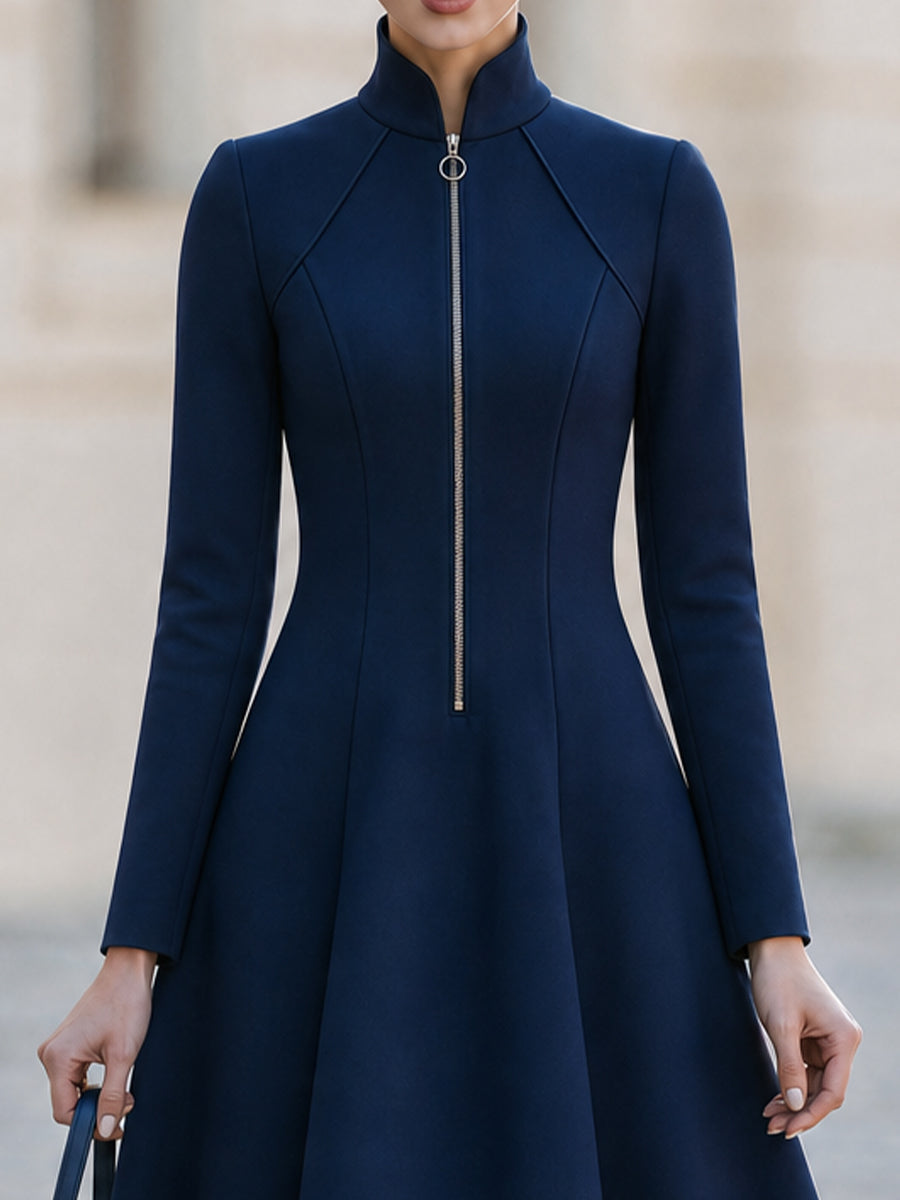 Stand  Neck Front  Zip Long Sleeve  Flared Midi Swing A-Line Dress