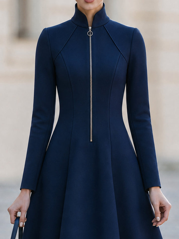Stand  Neck Front  Zip Long Sleeve  Flared Midi Swing A-Line Dress