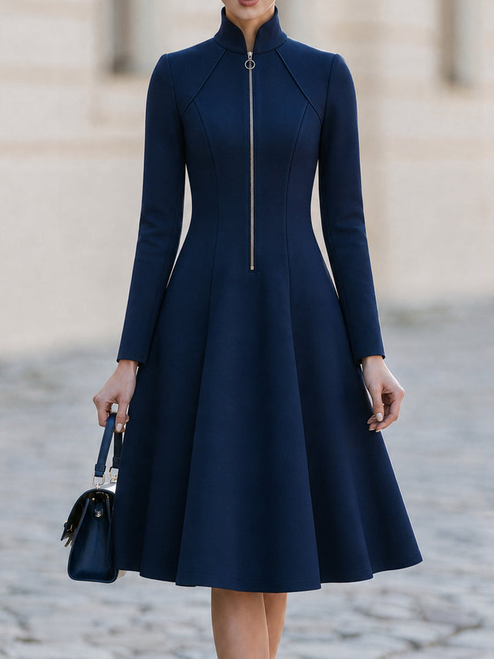 Stand  Neck Front  Zip Long Sleeve  Flared Midi Swing A-Line Dress