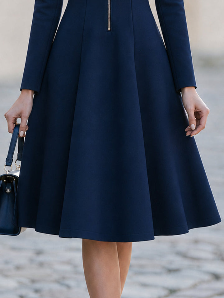 Stand  Neck Front  Zip Long Sleeve  Flared Midi Swing A-Line Dress