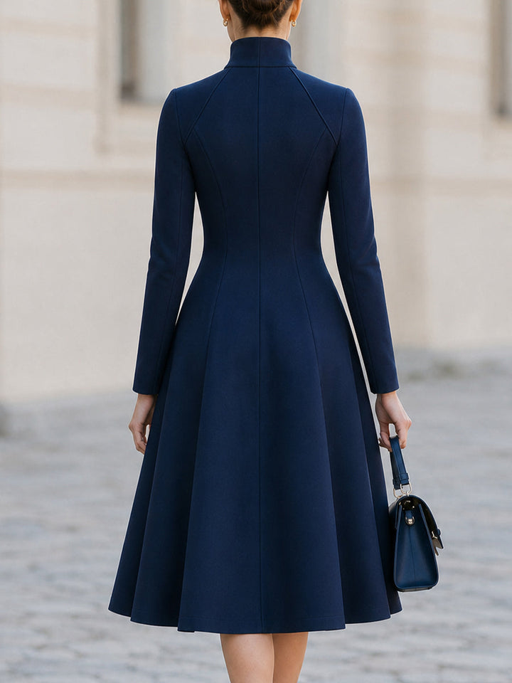 Stand  Neck Front  Zip Long Sleeve  Flared Midi Swing A-Line Dress