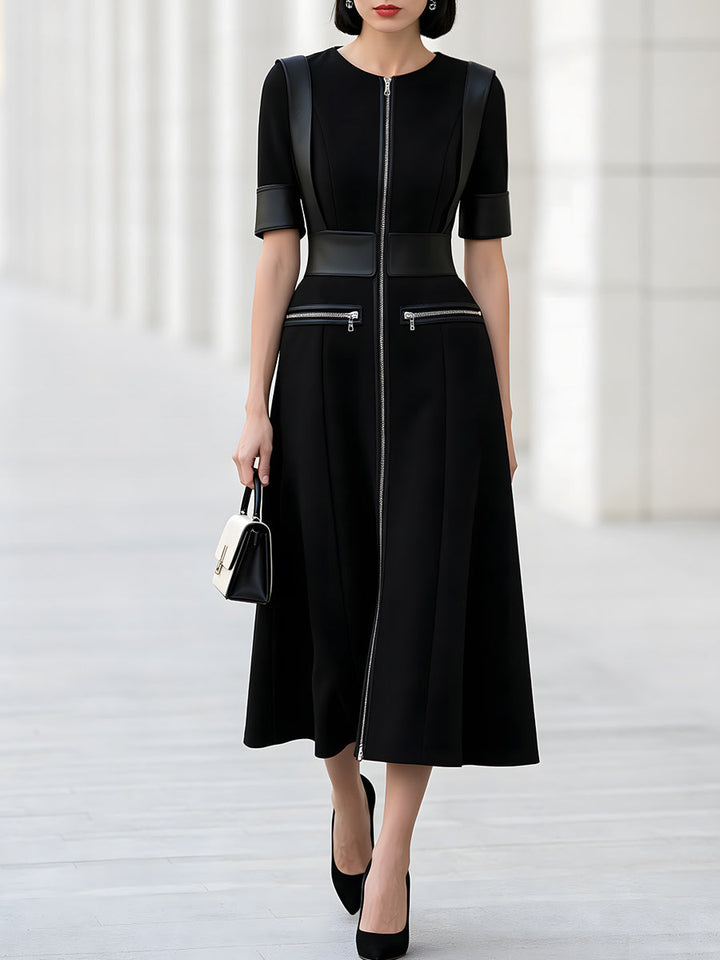 Zip Front Structured Midi Dress