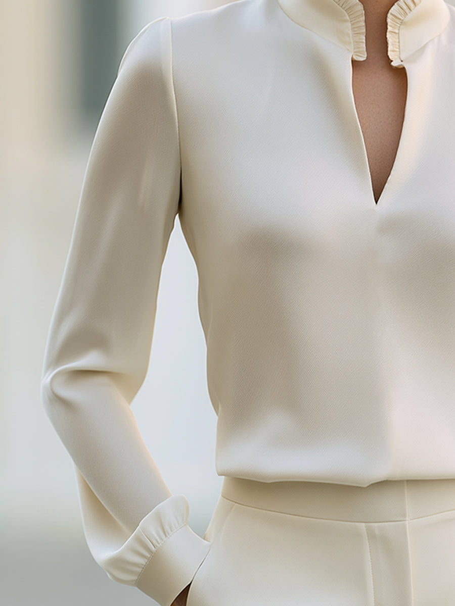 Ivory Ruffle Collar Long Sleeve Blouse