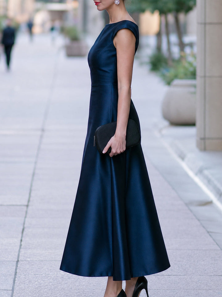 Boat-Neck Cap-Sleeve Midi Dress