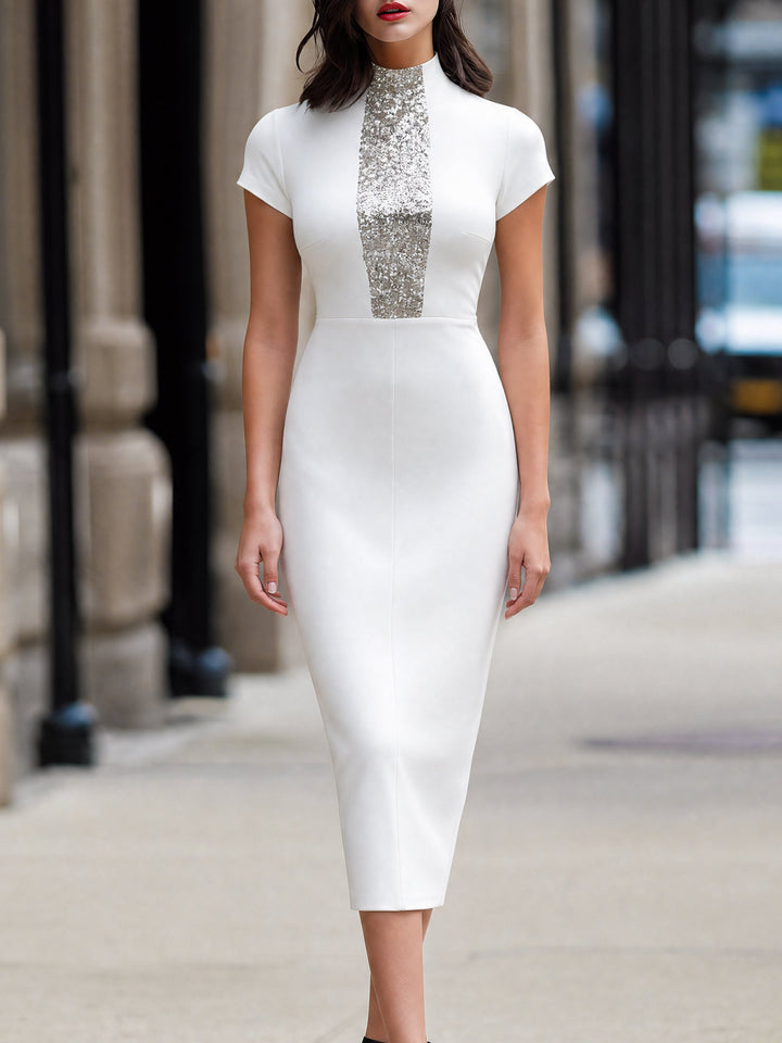 Sequin-Panel Mock-Neck Structured Midi Dress