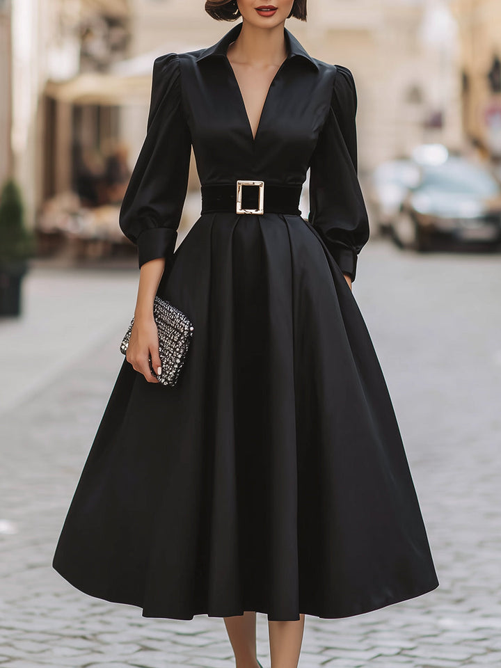 Belted Collared Puff-Sleeve Midi Dress With Full Skirt