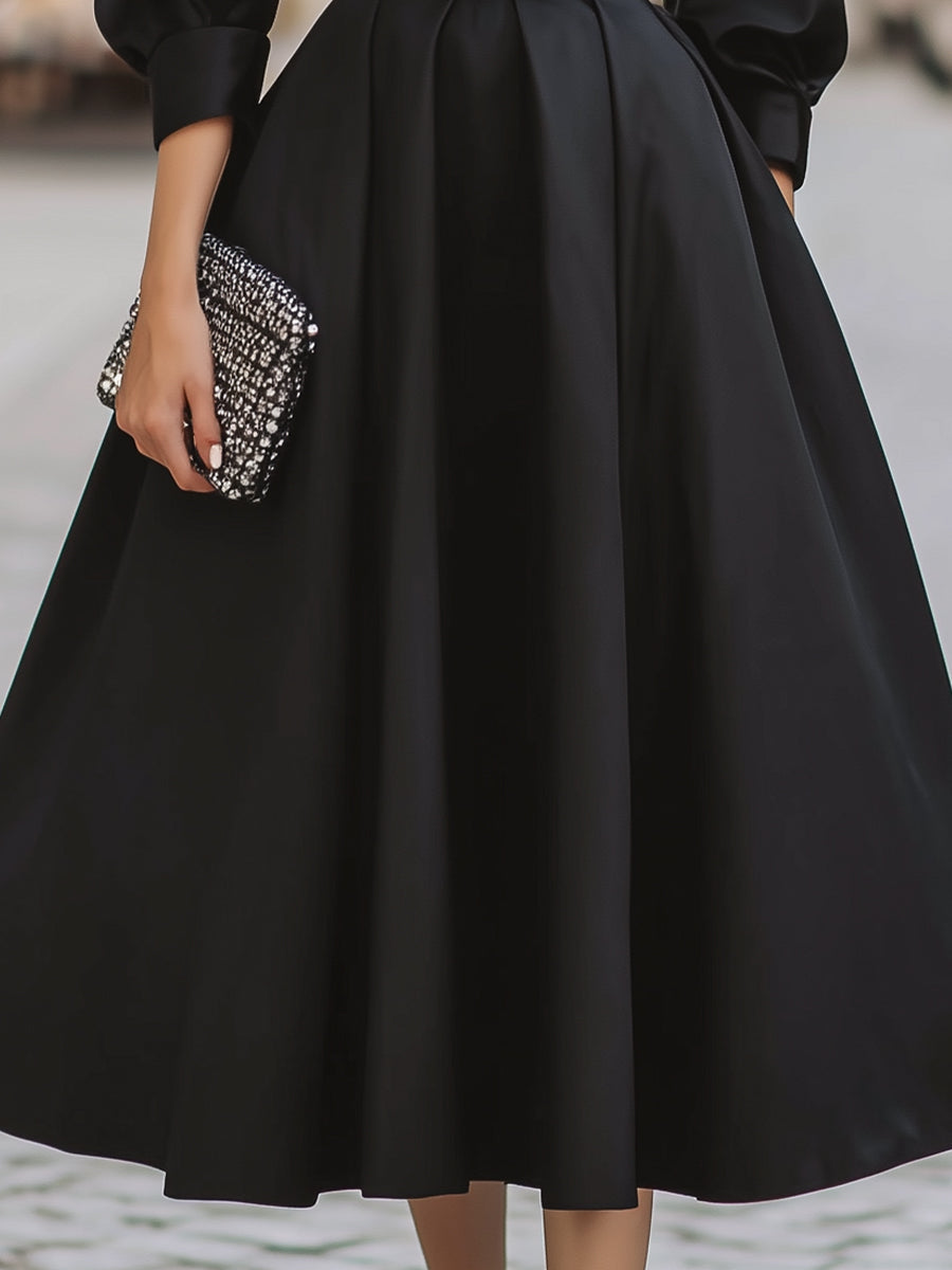 Belted Collared Puff-Sleeve Midi Dress With Full Skirt