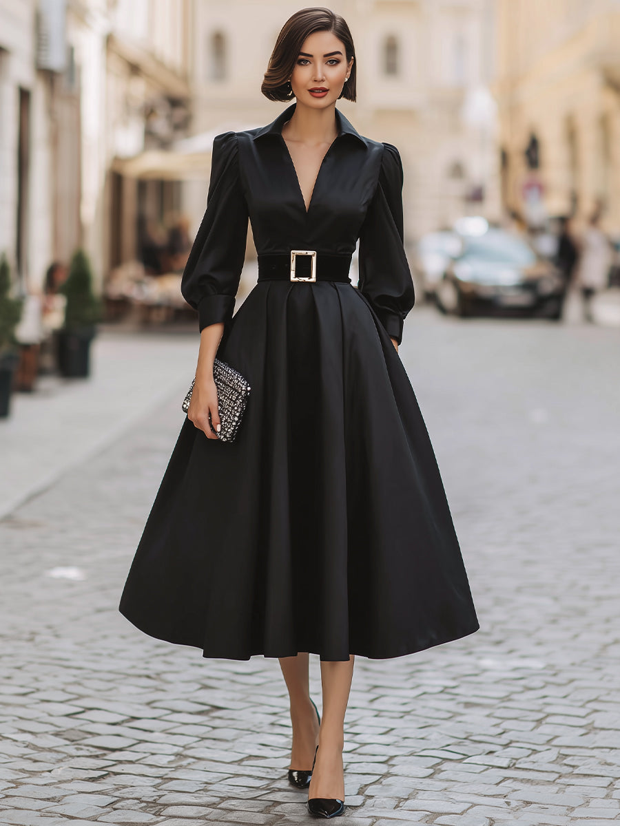 Belted Collared Puff-Sleeve Midi Dress With Full Skirt
