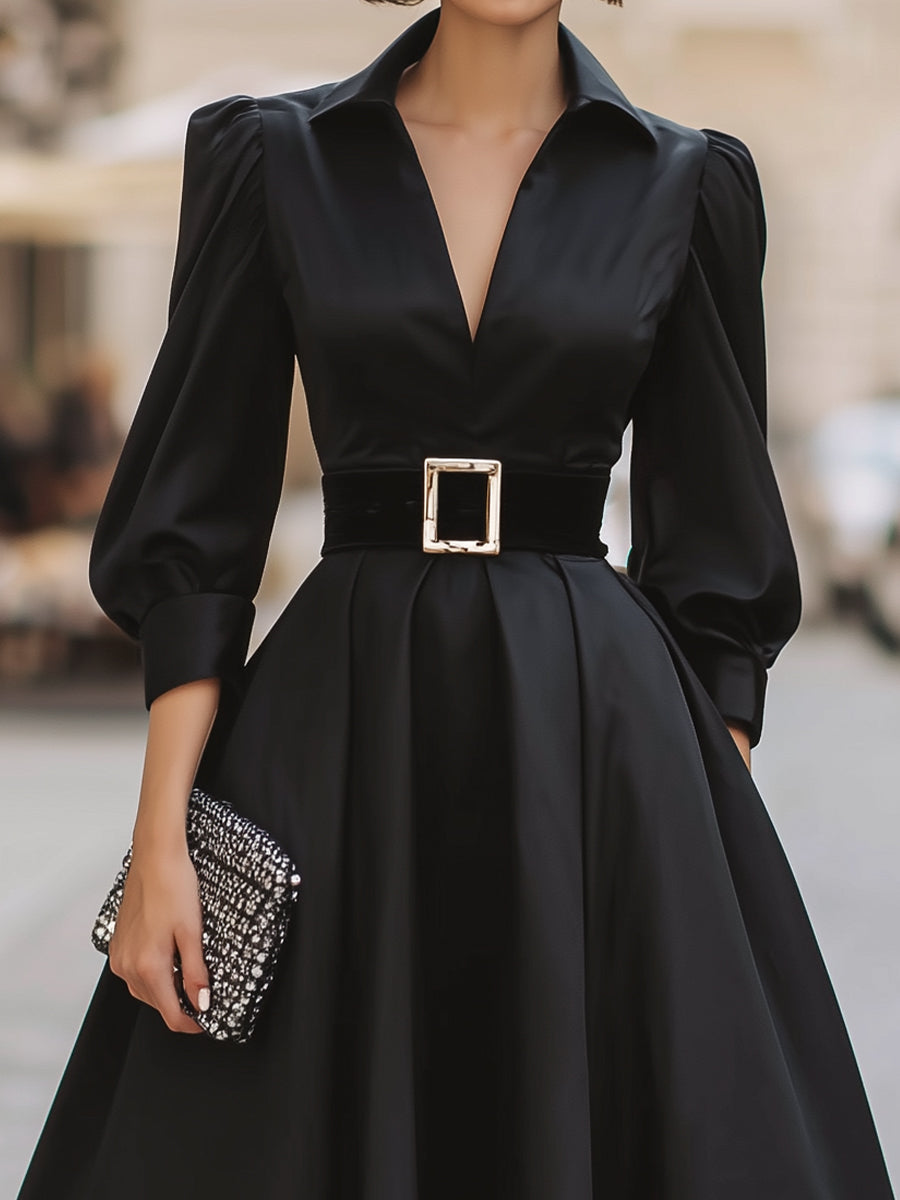Belted Collared Puff-Sleeve Midi Dress With Full Skirt