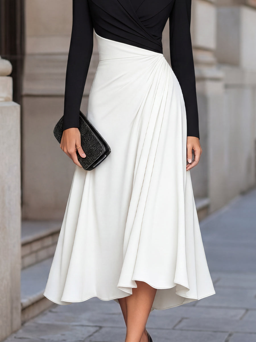 Two-Tone Blazer-Inspired Draped Midi Dress