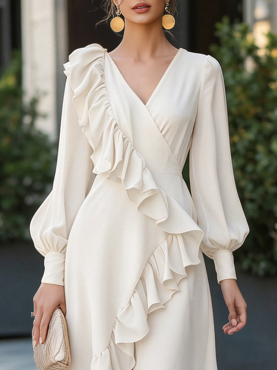 Elegant Ruffle-Trim Asymmetric High-Low Midi Dress