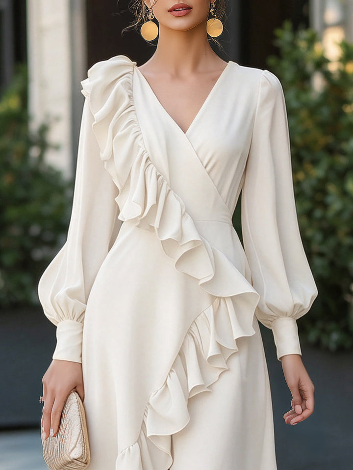 Elegant Ruffle-Trim Asymmetric High-Low Midi Dress