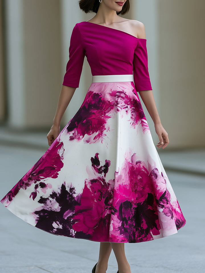 One Shoulder Floral Print A-Line Midi Dress
