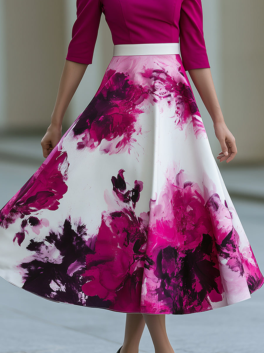 One Shoulder Floral Print A-Line Midi Dress