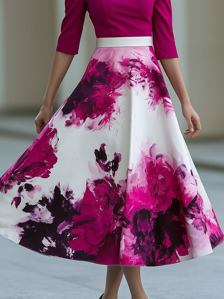 One Shoulder Floral Print A-Line Midi Dress