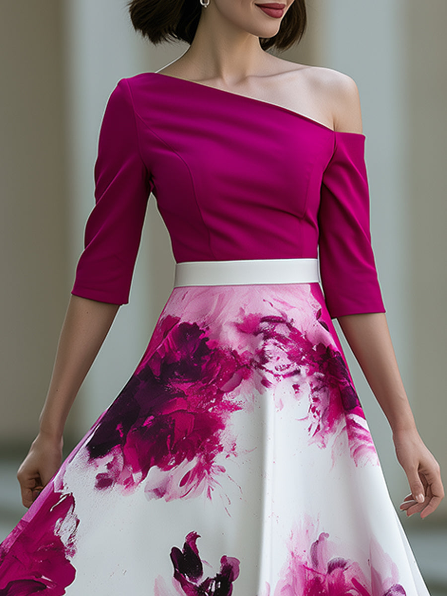 One Shoulder Floral Print A-Line Midi Dress