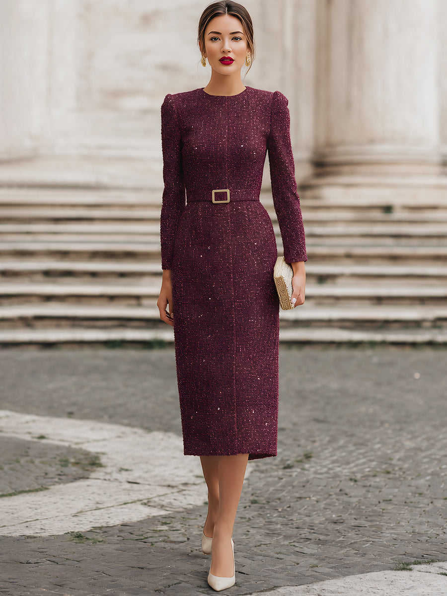 Sequin Tweed Long Sleeve Midi Dress