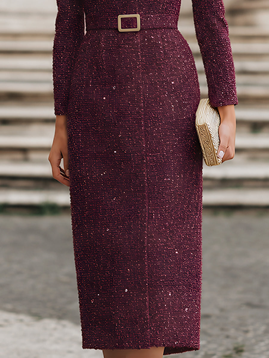 Sequin Tweed Long Sleeve Midi Dress