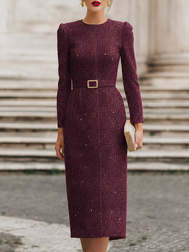 Sequin Tweed Long Sleeve Midi Dress