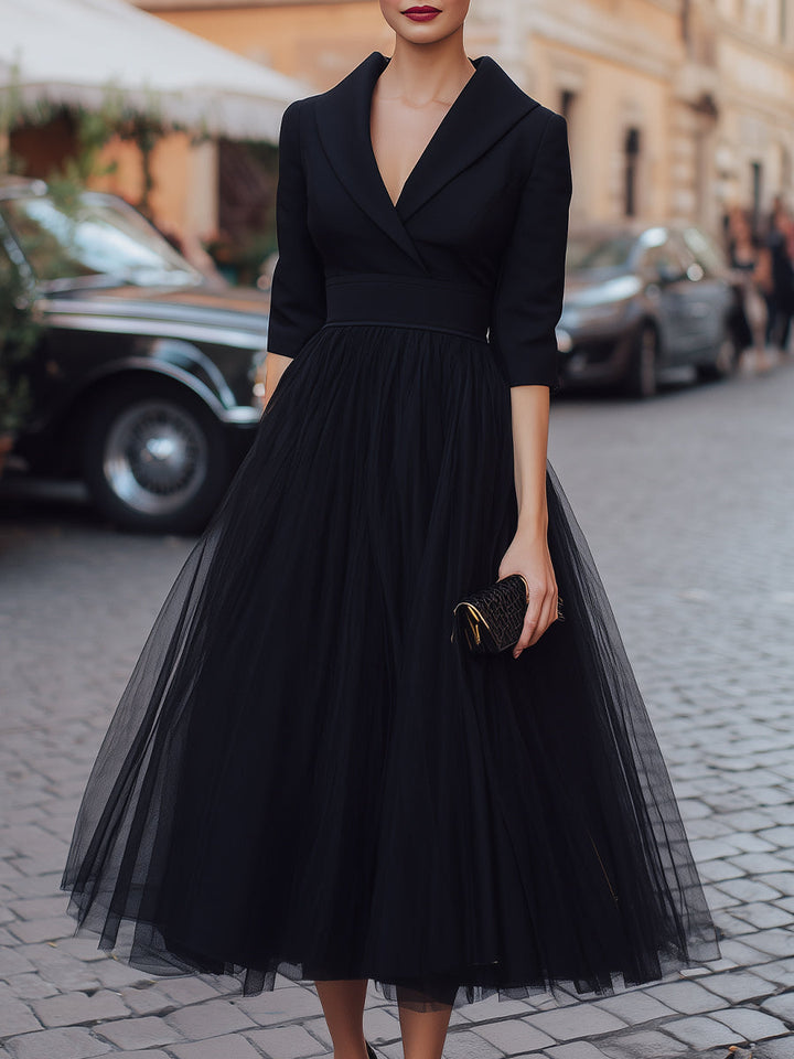 Lapel Wrap-Bodice Tulle Maxi Dress With Full Skirt