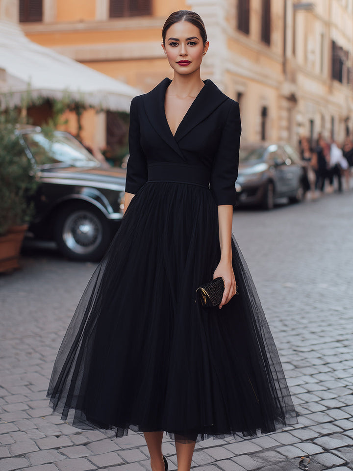 Lapel Wrap-Bodice Tulle Maxi Dress With Full Skirt