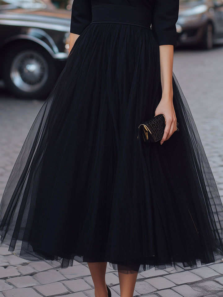 Lapel Wrap-Bodice Tulle Maxi Dress With Full Skirt