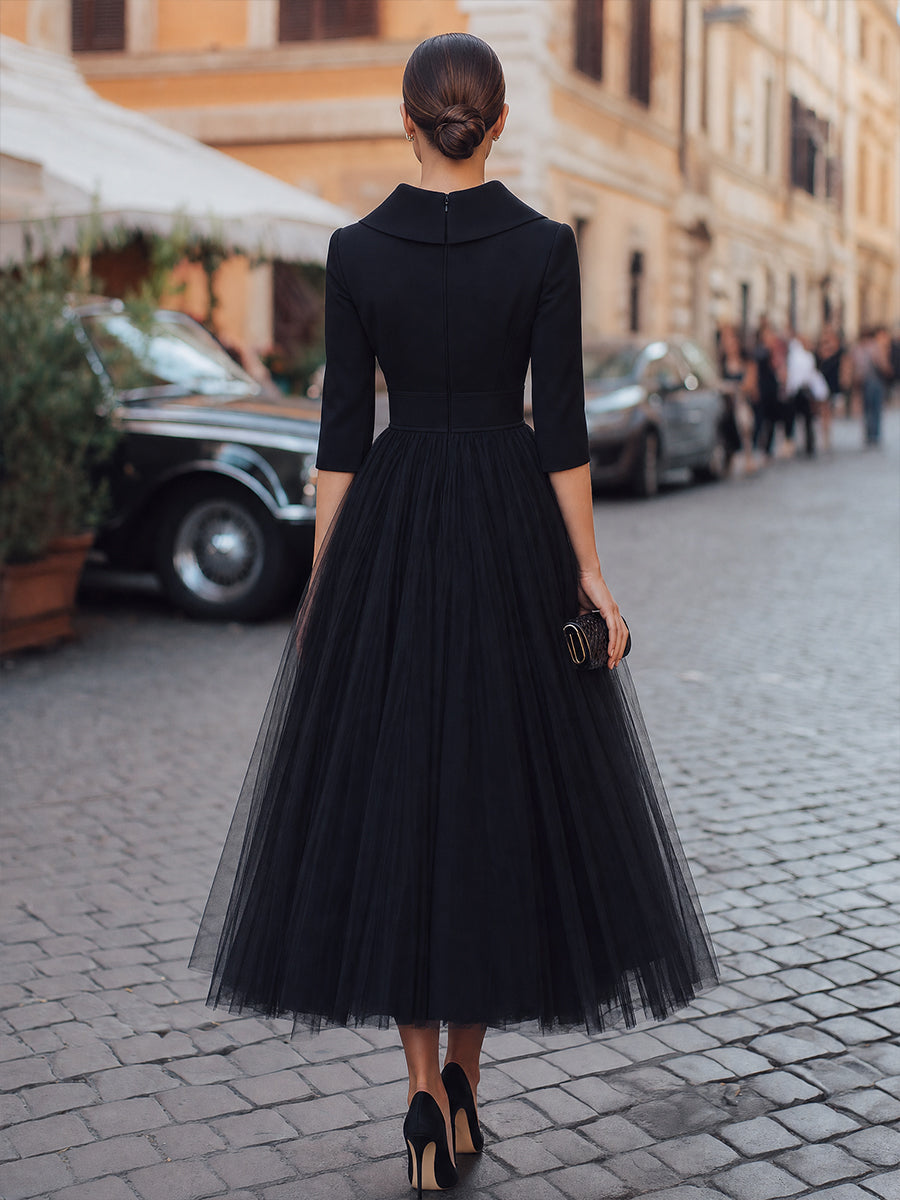 Lapel Wrap-Bodice Tulle Maxi Dress With Full Skirt
