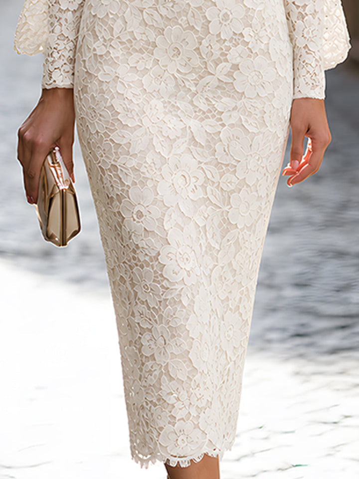 Ivory Floral Lace Long Sleeve Midi Dress