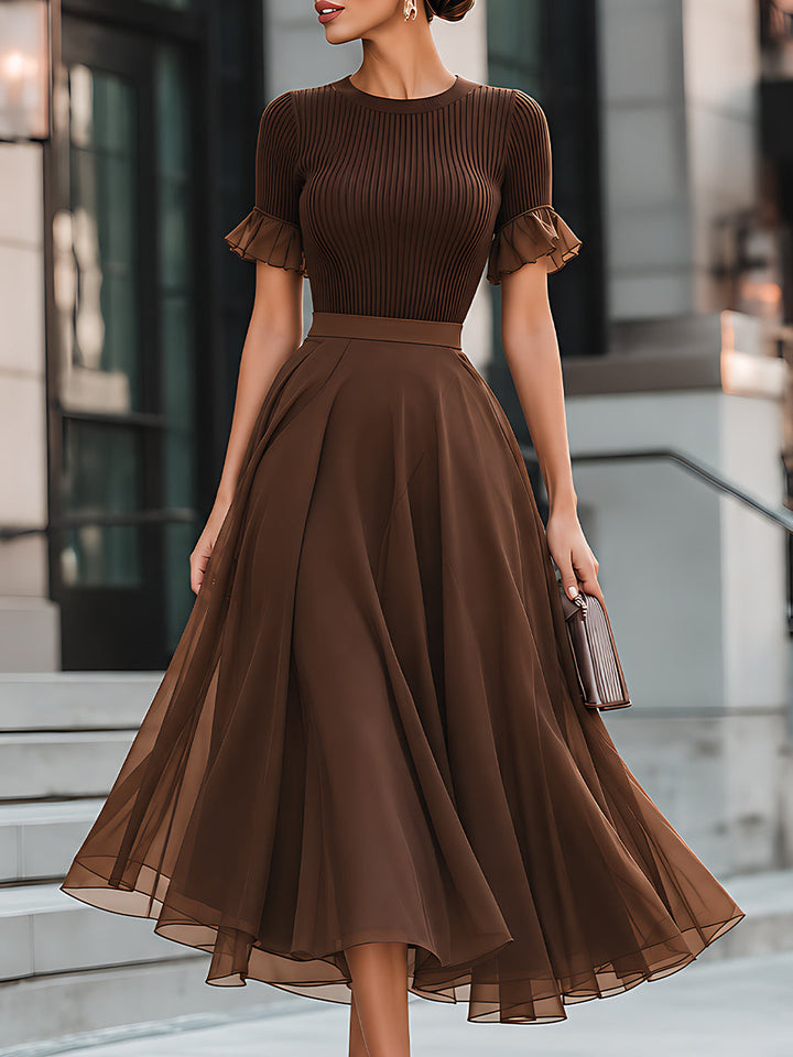 Ribbed Knit Ruffle-Sleeve Chiffon Midi Dress