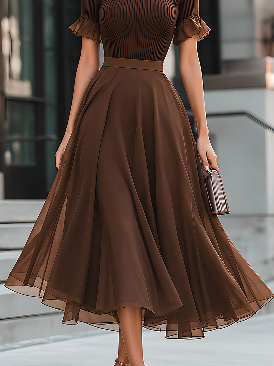 Ribbed Knit Ruffle-Sleeve Chiffon Midi Dress