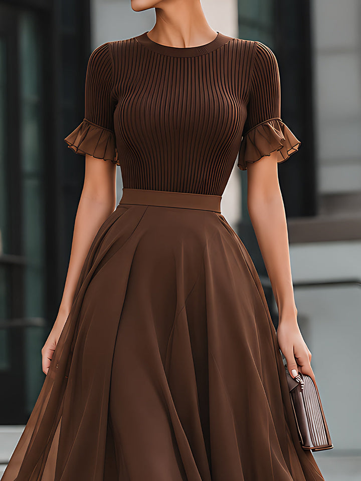 Ribbed Knit Ruffle-Sleeve Chiffon Midi Dress