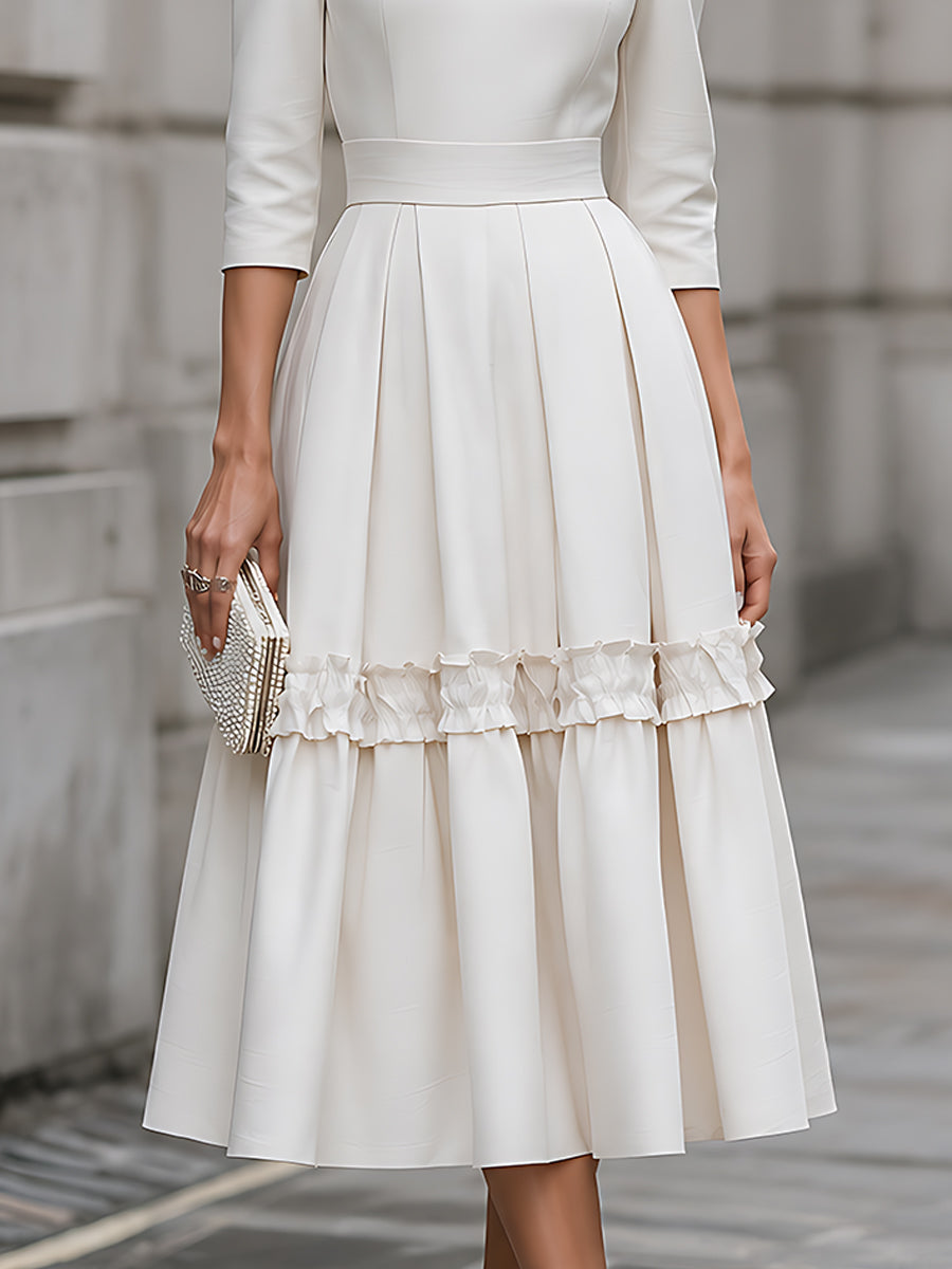High-Neck Ruffle-Trim Pleated Midi Dress