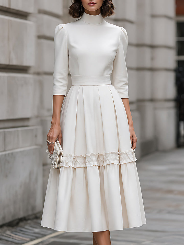 High-Neck Ruffle-Trim Pleated Midi Dress