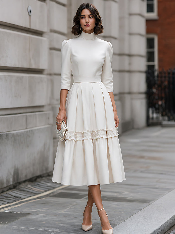 High-Neck Ruffle-Trim Pleated Midi Dress