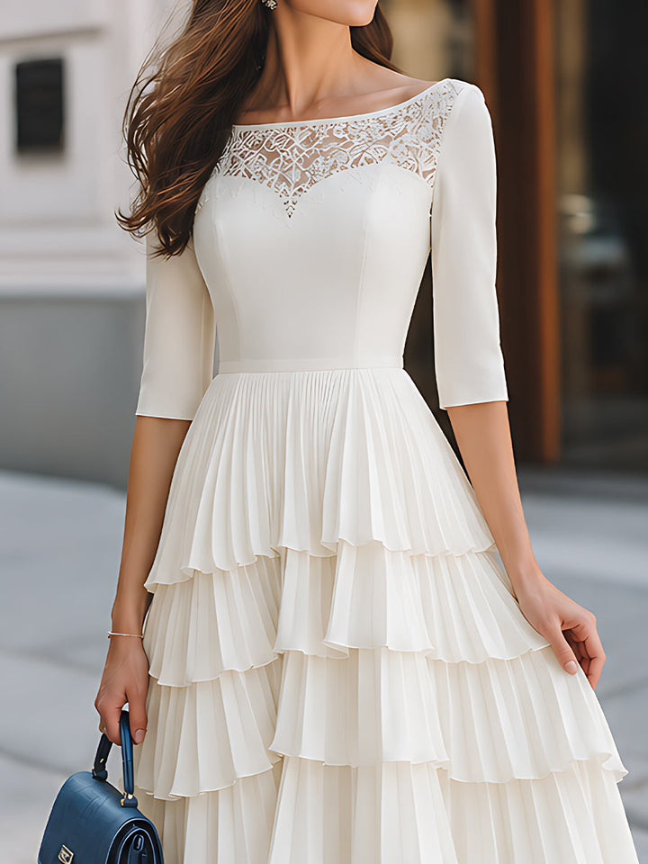 Lace-Yoke Tiered Ruffle Midi Dress