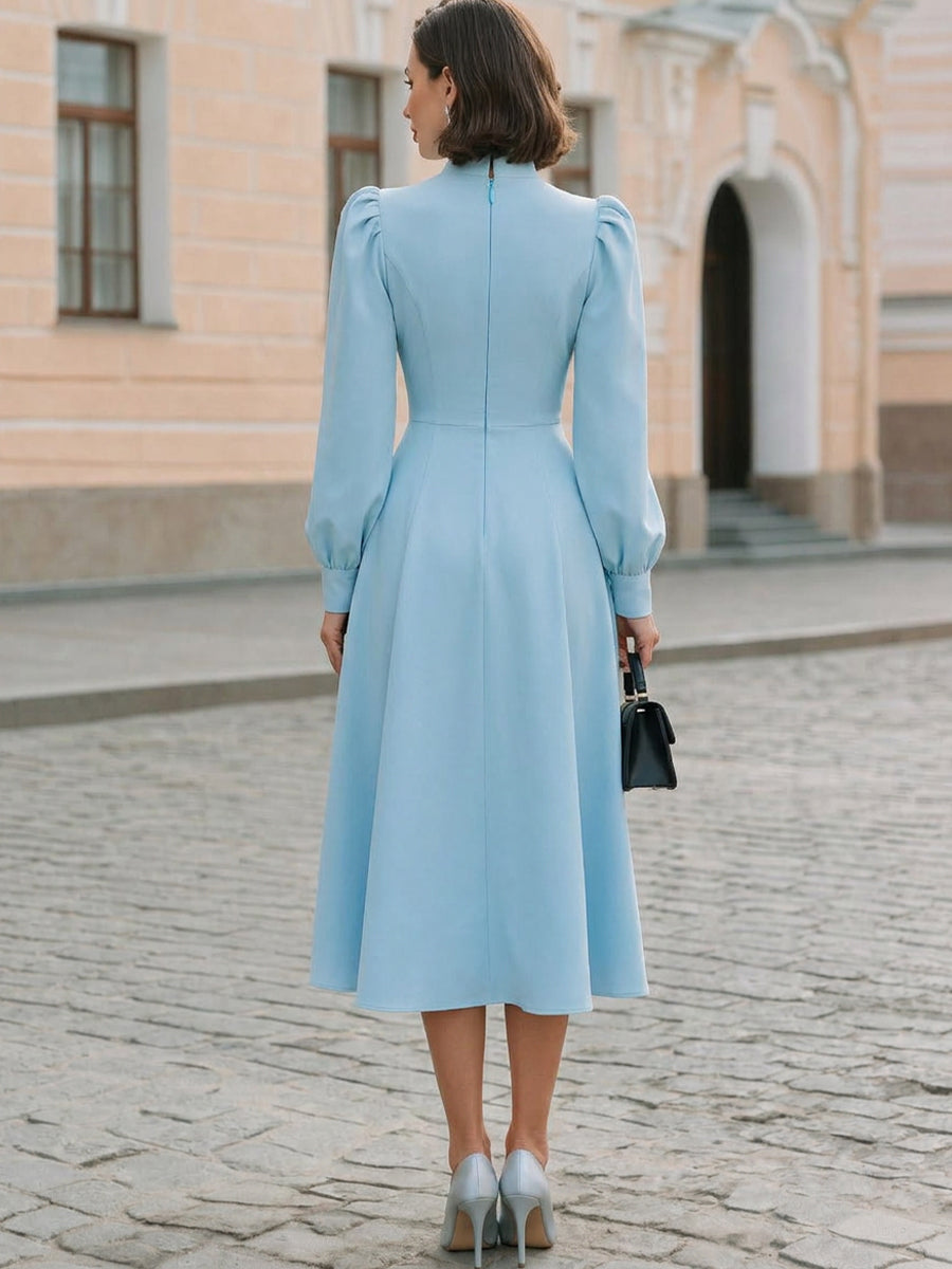 Wedding Guest Formal High Neck Puff Bishop Long Sleeve  Midi Dress