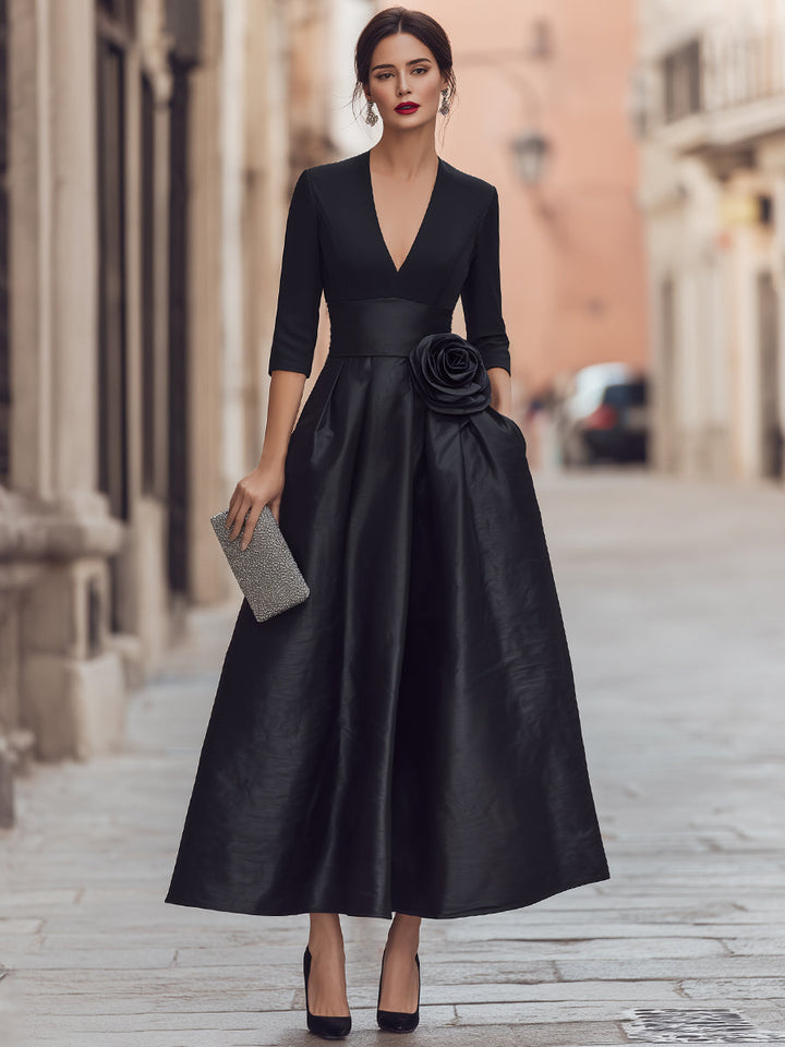 Deep V-Neck Floral-Appliqué Evening Dress With Full Skirt