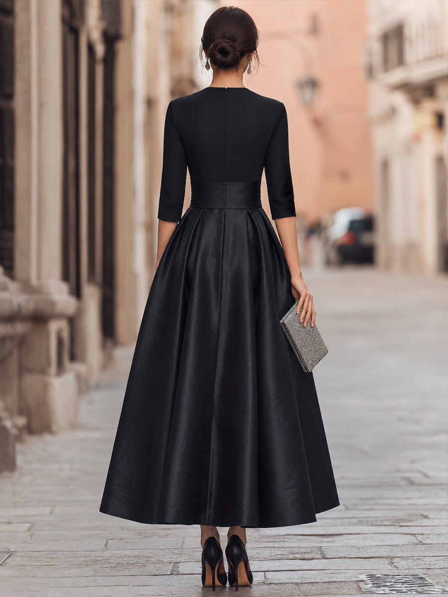 Deep V-Neck Floral-Appliqué Evening Dress With Full Skirt