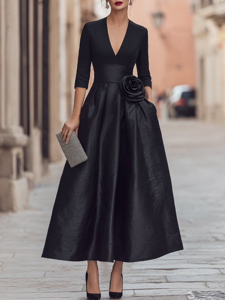 Deep V-Neck Floral-Appliqué Evening Dress With Full Skirt