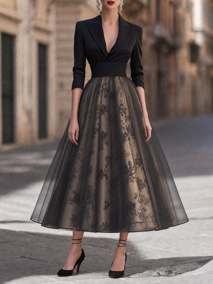 Elegant Deep V-Neck Blazer Bodice Floral Mesh Midi Dress