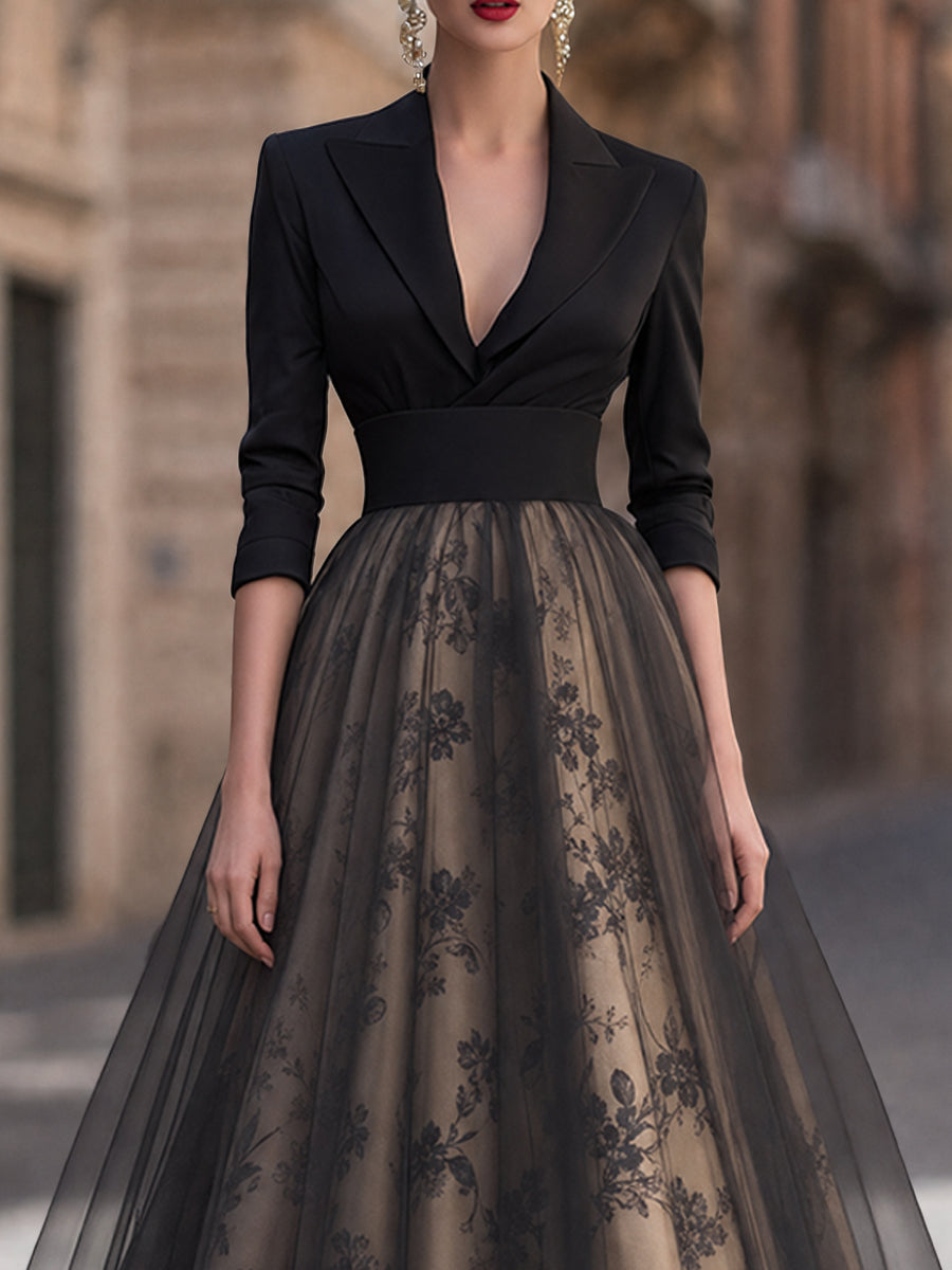 Elegant Deep V-Neck Blazer Bodice Floral Mesh Midi Dress