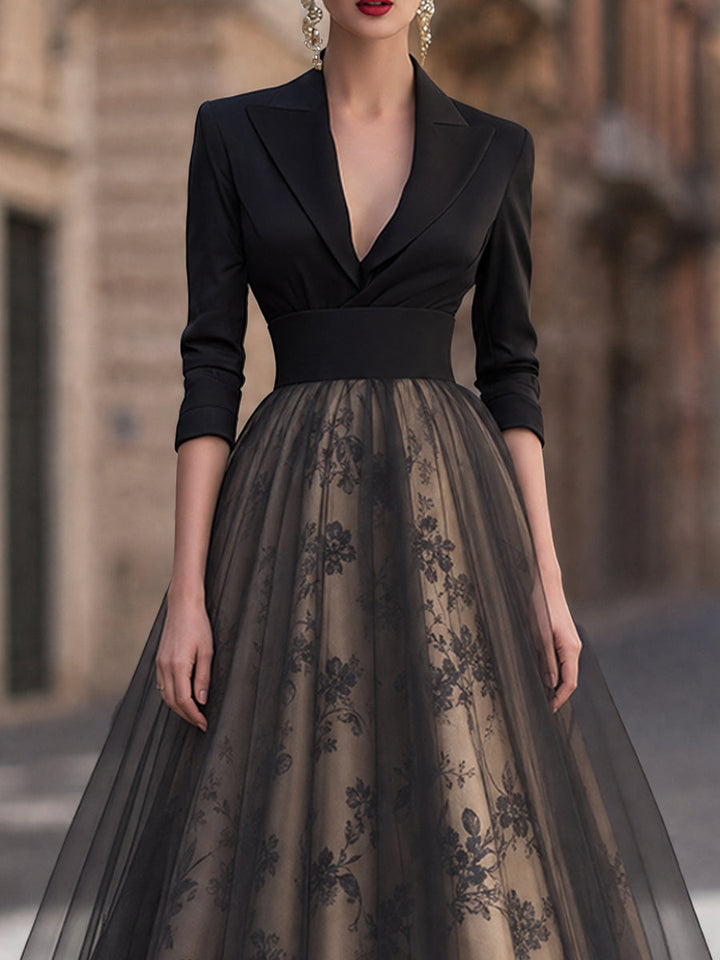 Elegant Deep V-Neck Blazer Bodice Floral Mesh Midi Dress