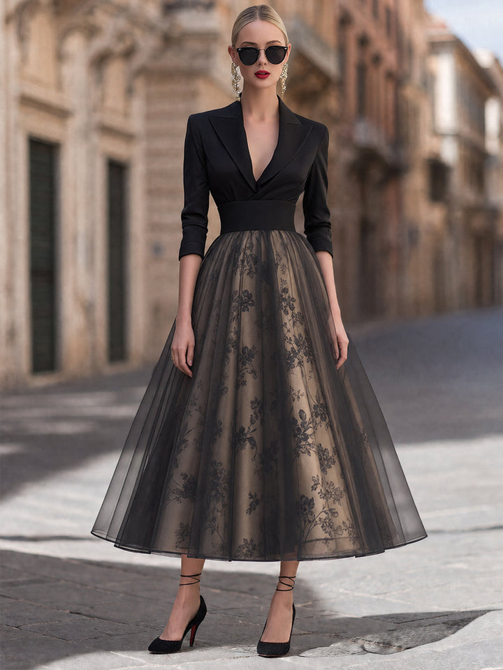 Elegant Deep V-Neck Blazer Bodice Floral Mesh Midi Dress